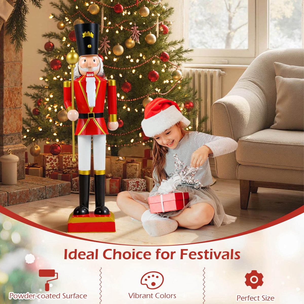 Costway 32.5” Christmas Nutcracker with High Hat & Beautiful Scepter, Uniform & Boots Black+Red