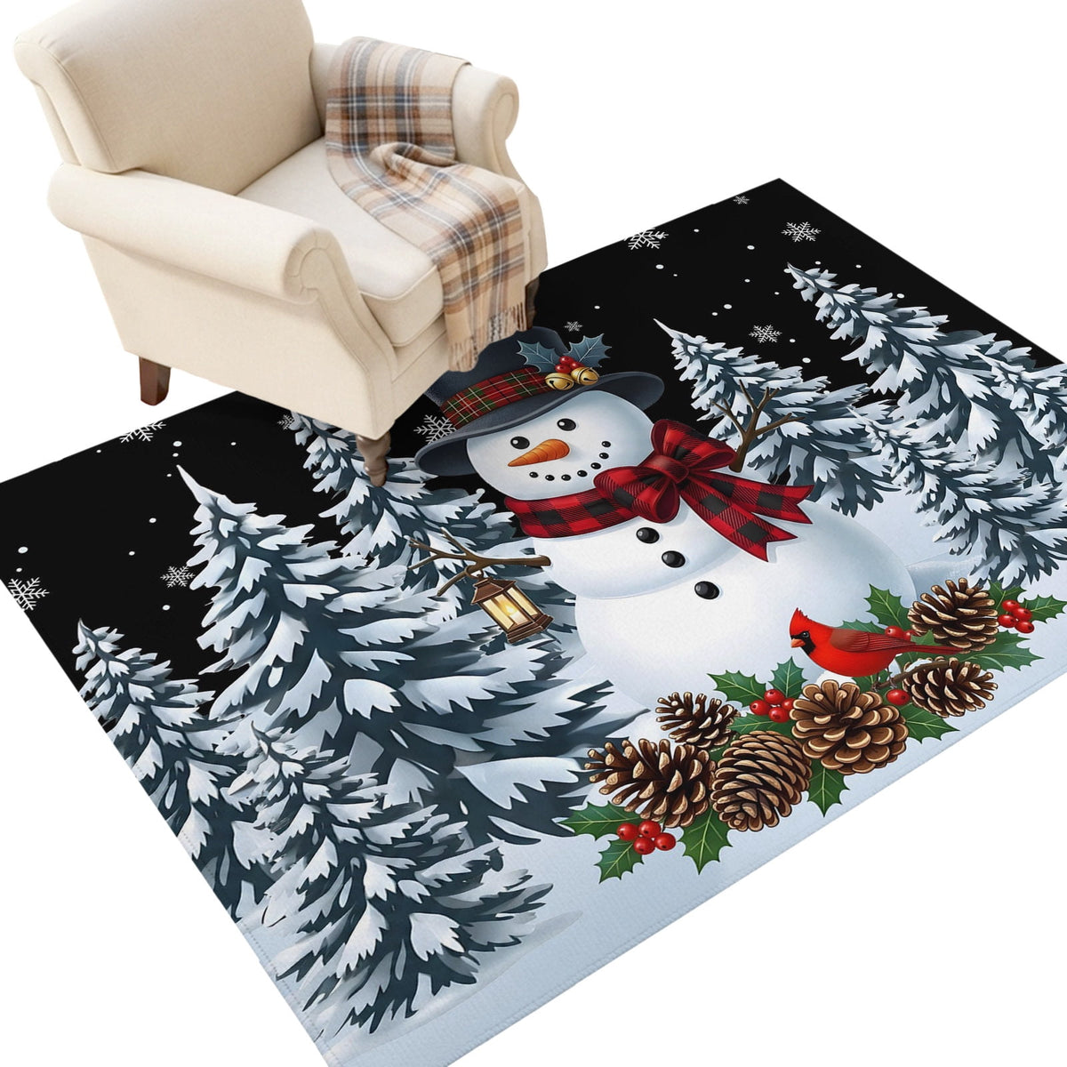 5x7 Area Rugs, Light Blue Snowman Christmas Non-Skid Rubber Backing Large Rectangle Rugs - Living Room Bedroom Home Office, Xmas Pinecone Tree Snowflake Indoor Floor Mat Carpets Washable Rug