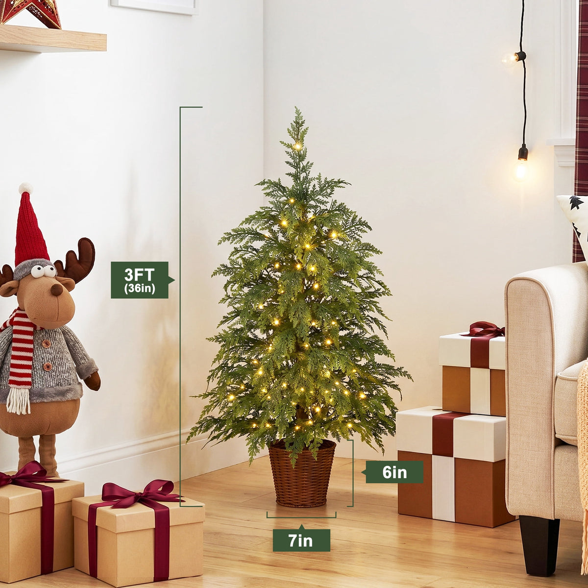 DR.Planzen 24" Pre-Lit Green Cypress Artificial Christmas Tree with 30 Warm White LED Lights, Mini Tabletop Xmas Tree in Woven Basket Base, Indoor Holiday Decoration