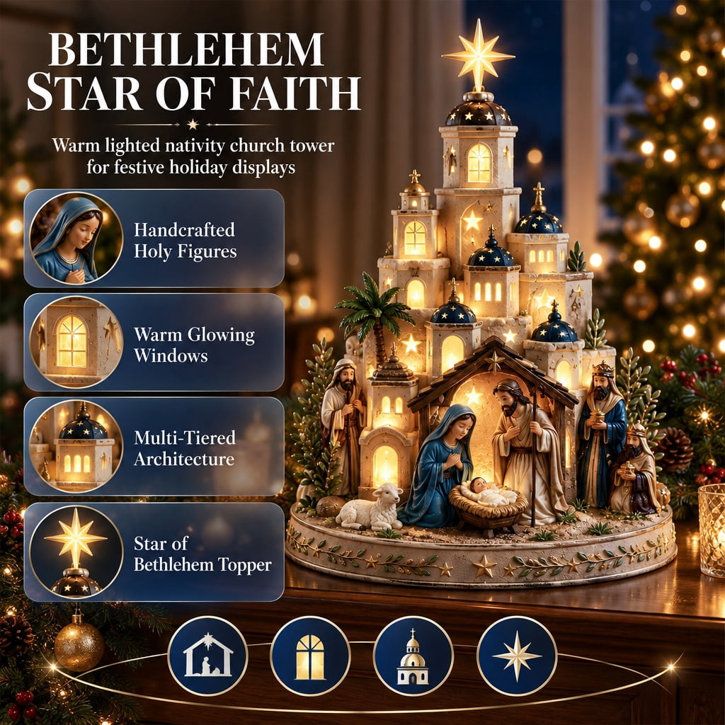 Bethlehem Star of Faith Lighted Nativity Tabletop Decor, Nativity Set, Nativity Sets and Figures, Lighted Church Tower, Warm LED