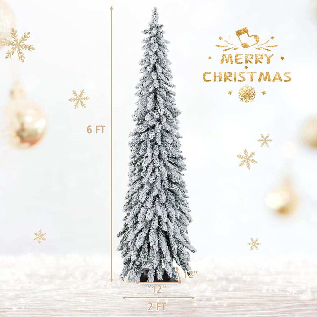 Topbuy 4FT Pre-lit Artificial Christmas Tree Snow-flocked Xmas Pencil Tree with 225 Branch Tips 100 LED Lights 2 Lighting Colors