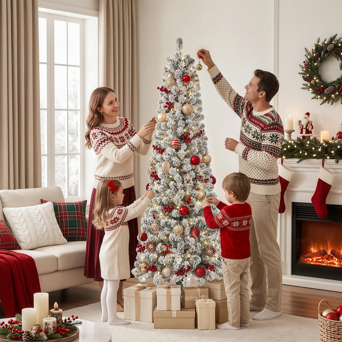 Goosiay 7ft Snow Flocked Pencil Christmas Tree, Pre-Lit Artificial Christmas Tree with 640 Tips,300 Warm White & Multicolor Lights, 10 Modes, Slim Xmas Tree with Stand