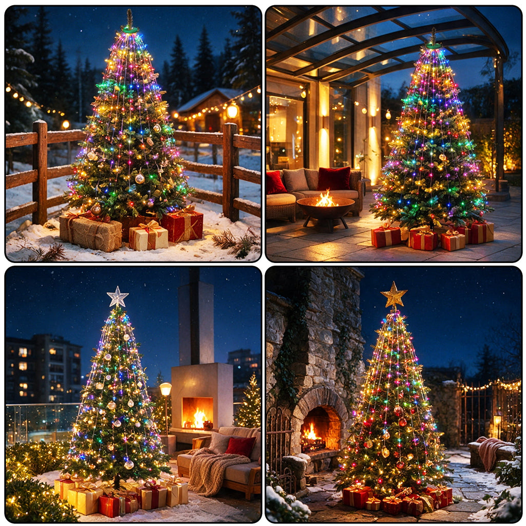 Christmas Tree Lights with Ring, 400 LED Cool White Tree Ring Light, 16 Strands 6.6FT Cascade with Remote & Timer for Indoor Xmas Tree Decor