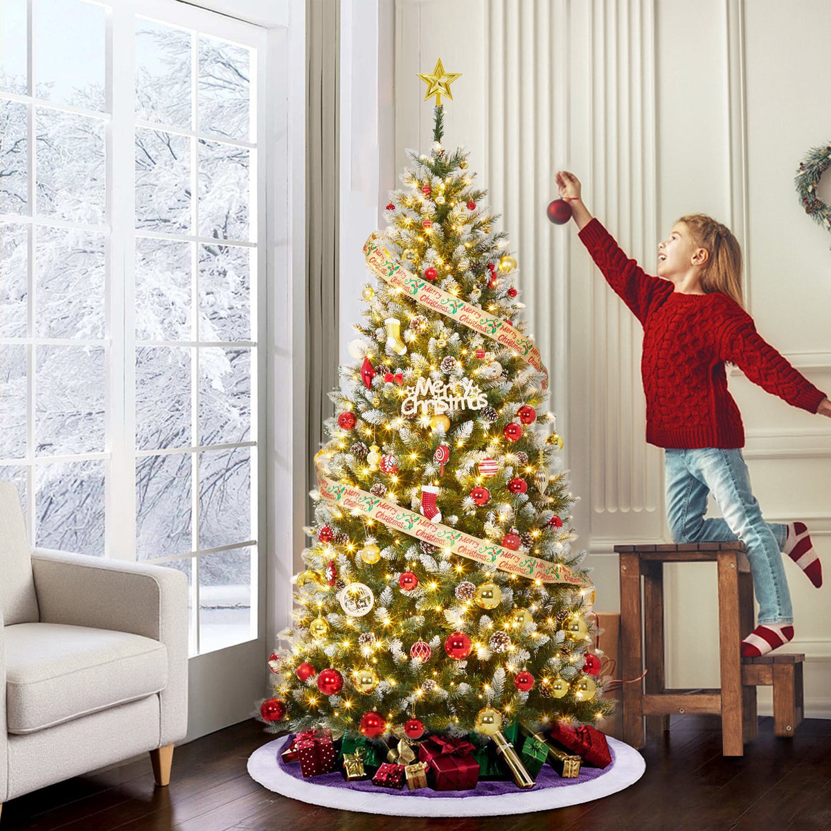 JoanKaren 7.5' Pre-Lit Green Artificial Christmas Tree,Metal Stand Full Xmas Tree with 600 Multicolor Lights