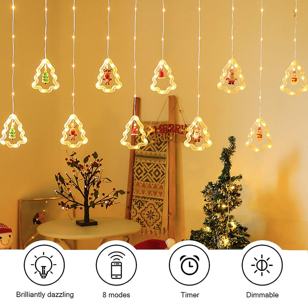 WILLED Christmas String Lights, 120 LED Window Curtain Lights with Christmas Ornaments, 9.8ft USB Powered Warm White Waterproof Fairy Lights Indoor Outdoor for Xmas Tree Patio Garden Party Home Decor