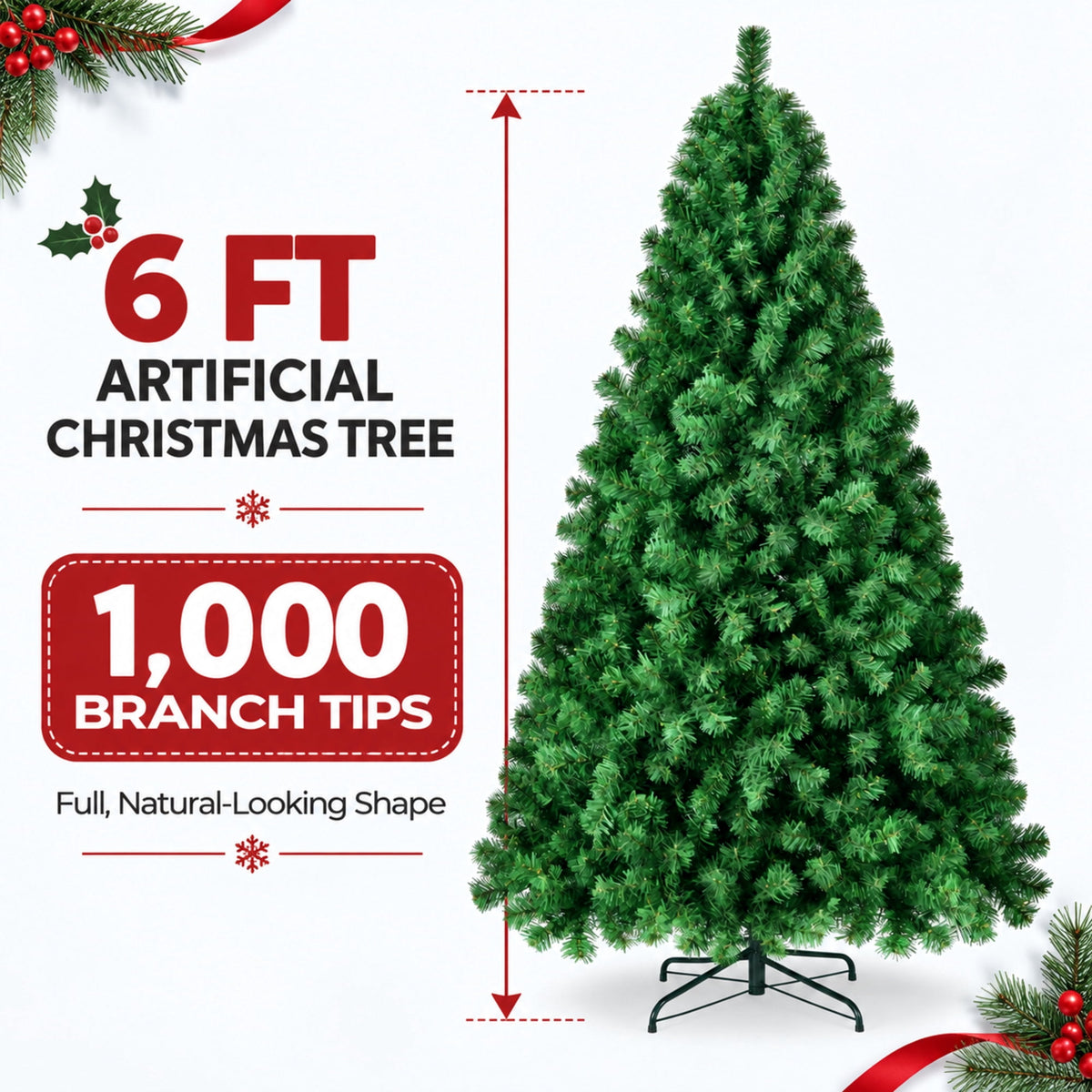 Vebreda Christmas Tree 6ft Artificial Hinged Xmas Tree with 1,000 Branch Tips, Green