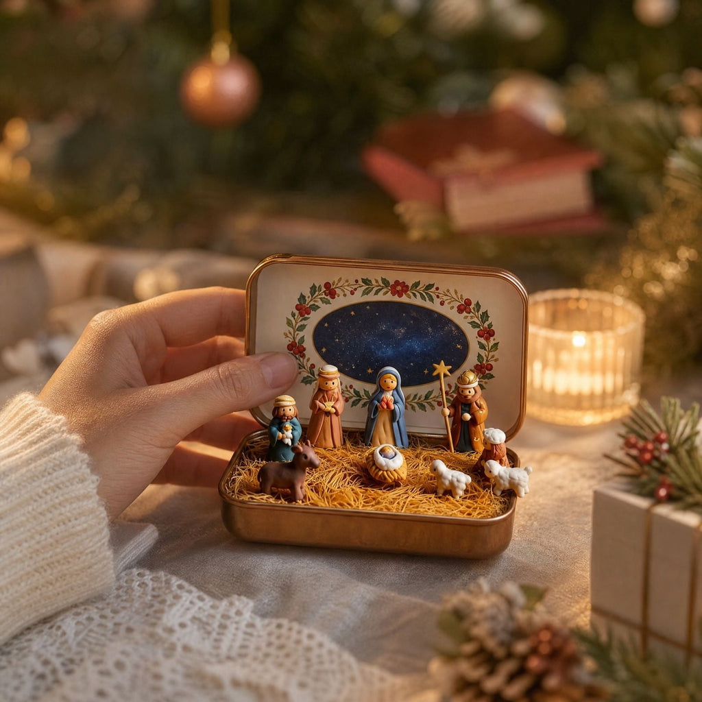 Mini Christmas Nativity Scene Set in a Tin Box Pocket Size Religious Catholic Jesus Holiday Desktop Ornament Decor Keepsake Stocking Stuffer Gifts