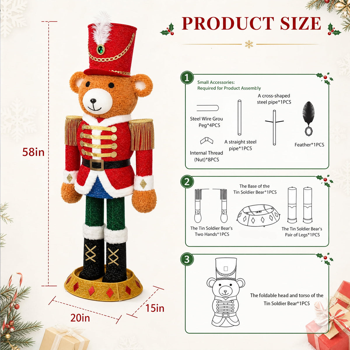 Dazzle Bright 5 ft Lighted Giant Nutcracker Bear Christmas Decoration, IP44 Waterproof Metal Frame, 150 Warm White LED, Outdoor Yard Holiday Display
