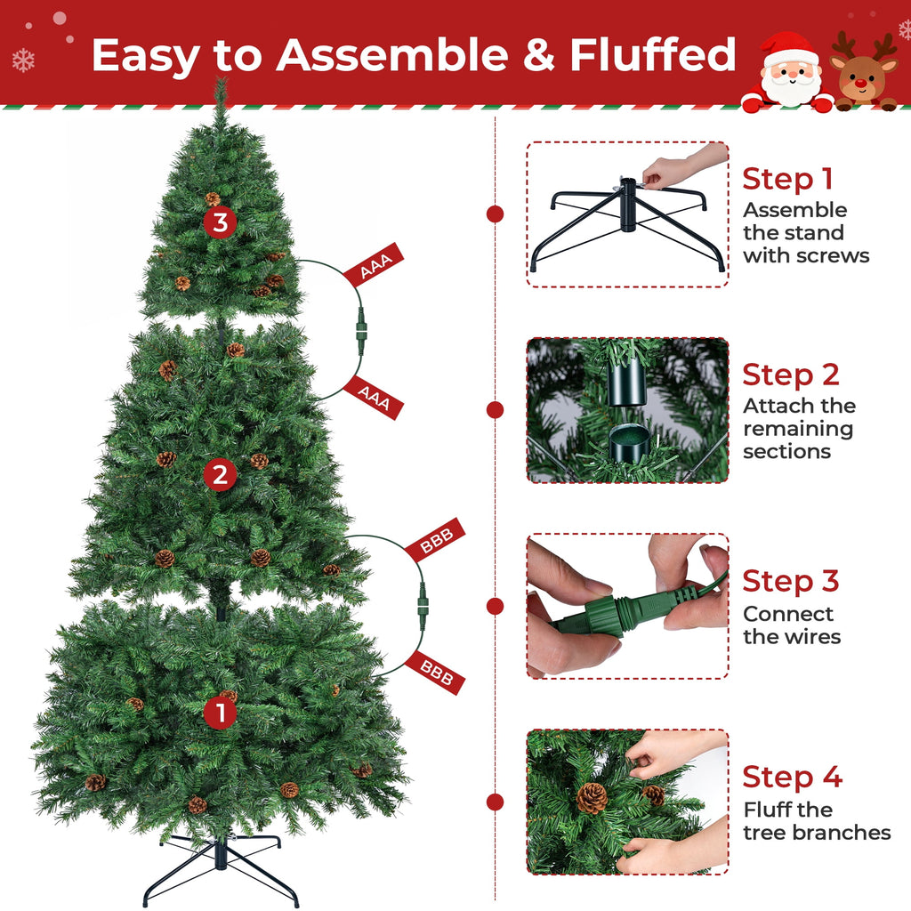 Firstness 6ft Pre-Lit Christmas Tree with 925 Branch Tips, Green Artificial Xmas Tree with Pine Cones, 8 Lighting Modes