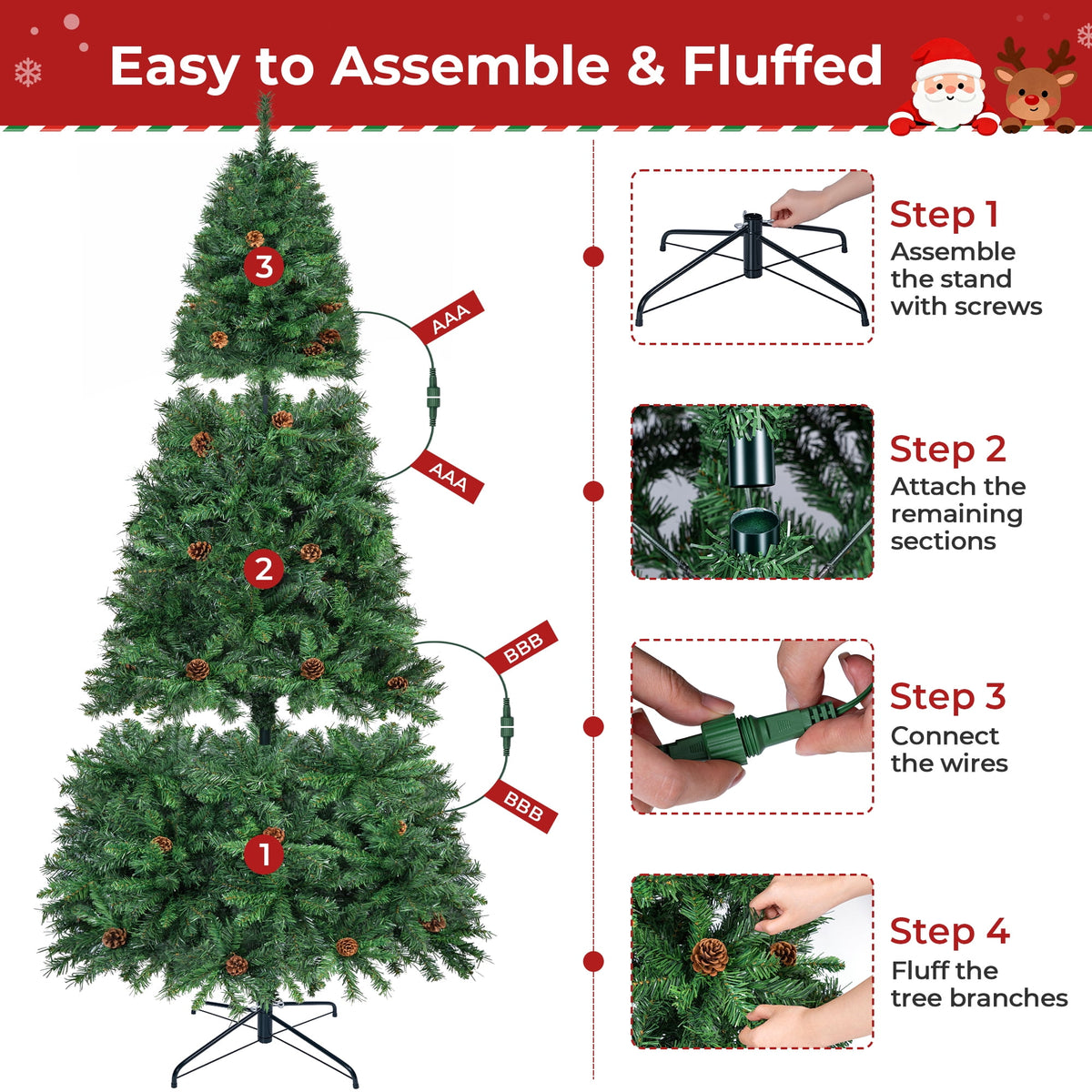 Firstness 6ft Pre-Lit Christmas Tree with 925 Branch Tips, Green Artificial Xmas Tree with Pine Cones, 8 Lighting Modes