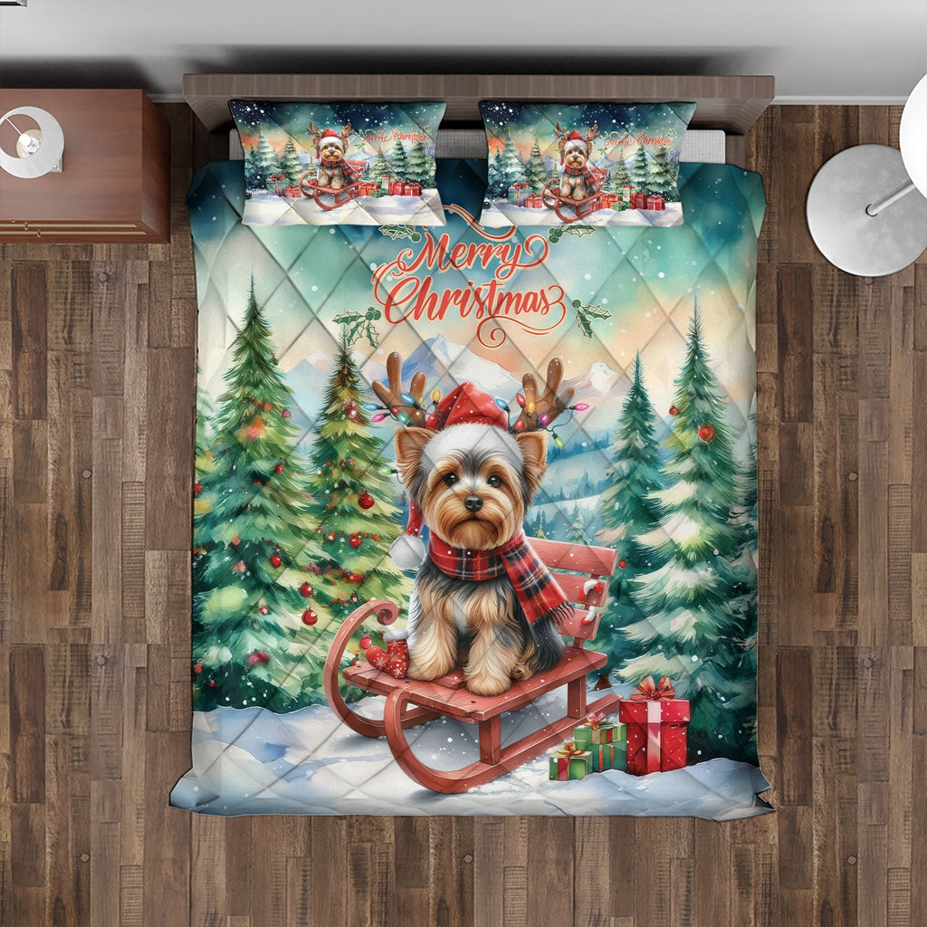 Merry Christmas Santa Reindeer Antlers French Bulldog Sleigh Xmas Winter Holiday Quilt Bedding Set Dog Lover Gifts 1 Blanket Bed Cover 2 Pillowcases - 00023
