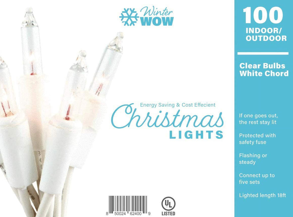 WinterWow Christmas String Lights - 100 Count, 20 Ft White Wire, Indoor/Outdoor, Incandescent