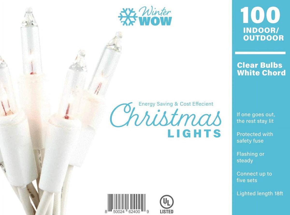 WinterWow Christmas String Lights - 100 Count, 20 Ft White Wire, Indoor/Outdoor, Incandescent