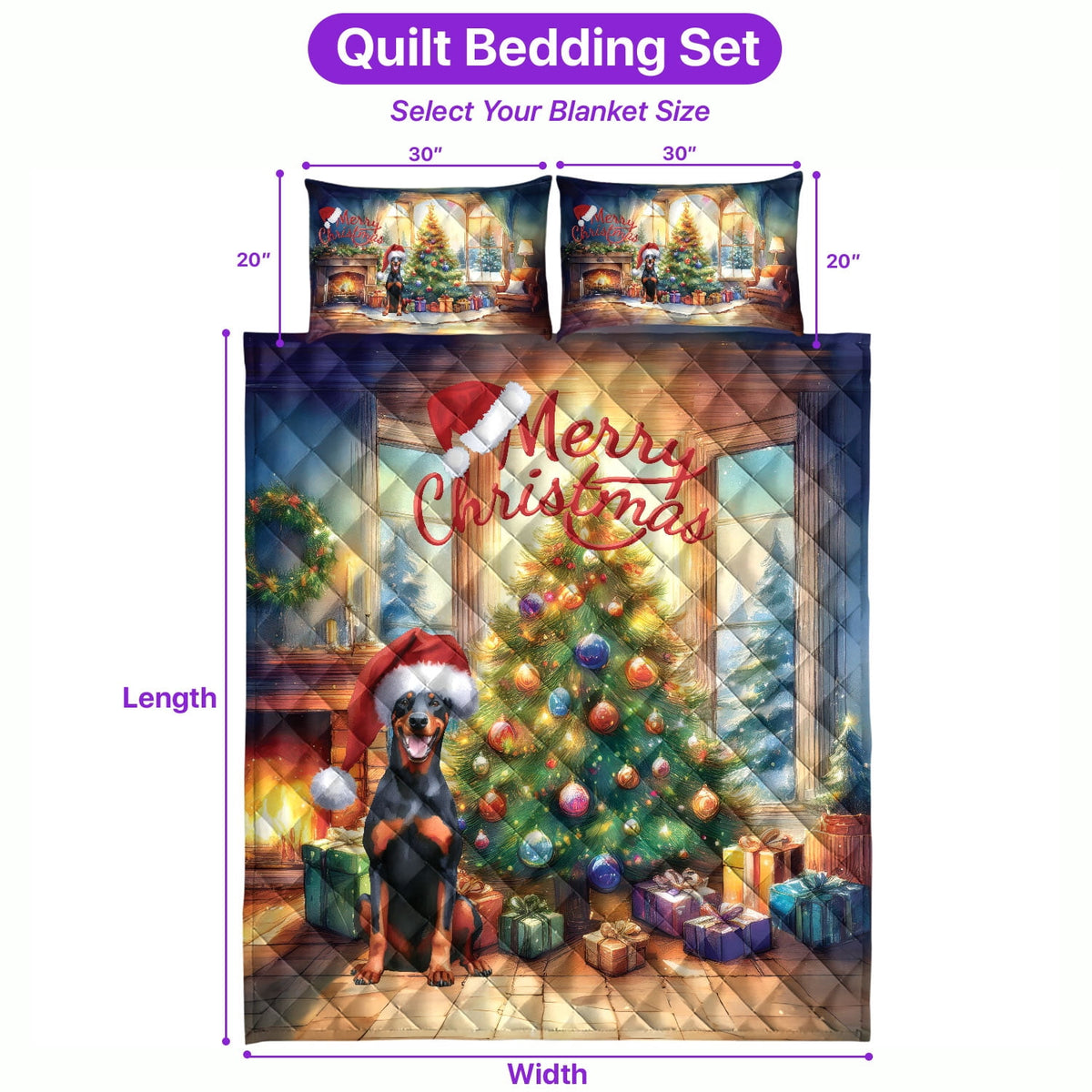 Merry Christmas French Bulldog Santa Hat Xmas Tree Winter Holiday Quilt Bedding Set Dog Lover Gifts 1 Blanket Bed Cover 2 Pillowcases - 01013