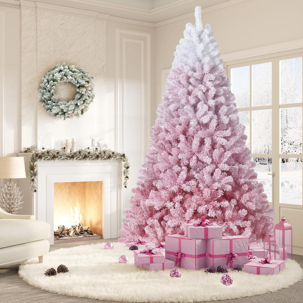 4.5/6/7.5/9/12 ft Artificial Christmas Tree with Warm White LED Lights, Pink Gradient Snow Frosted Xmas Tree for Holiday Decoration with 300 Realistic Branch Tips & Metal Stand