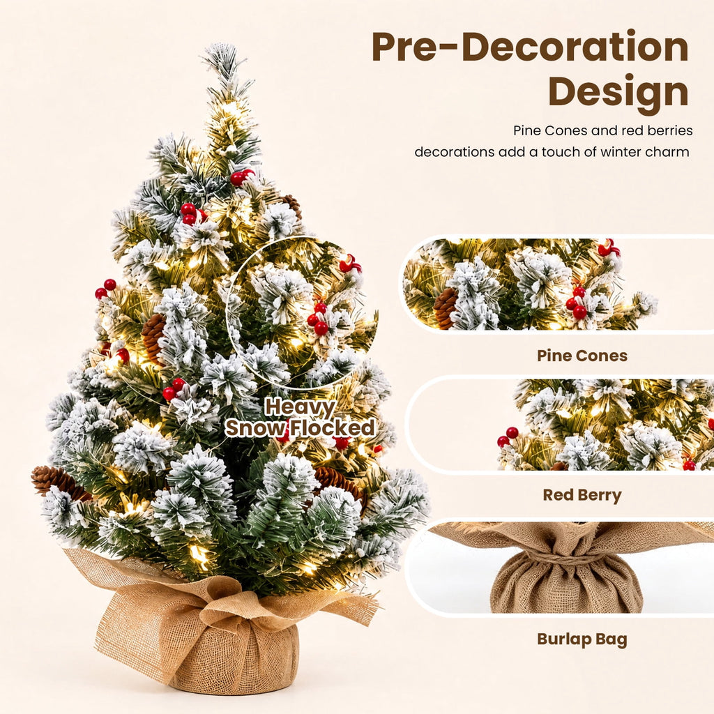 22" Mini Christmas Tree with 30 LEDs, Red Berries & Pinecones, DIY Kit, Battery Powered Tabletop Tree Christmas Decorations Gifts for Dorms, Offices, Home, Classrooms Desks & Small Spaces