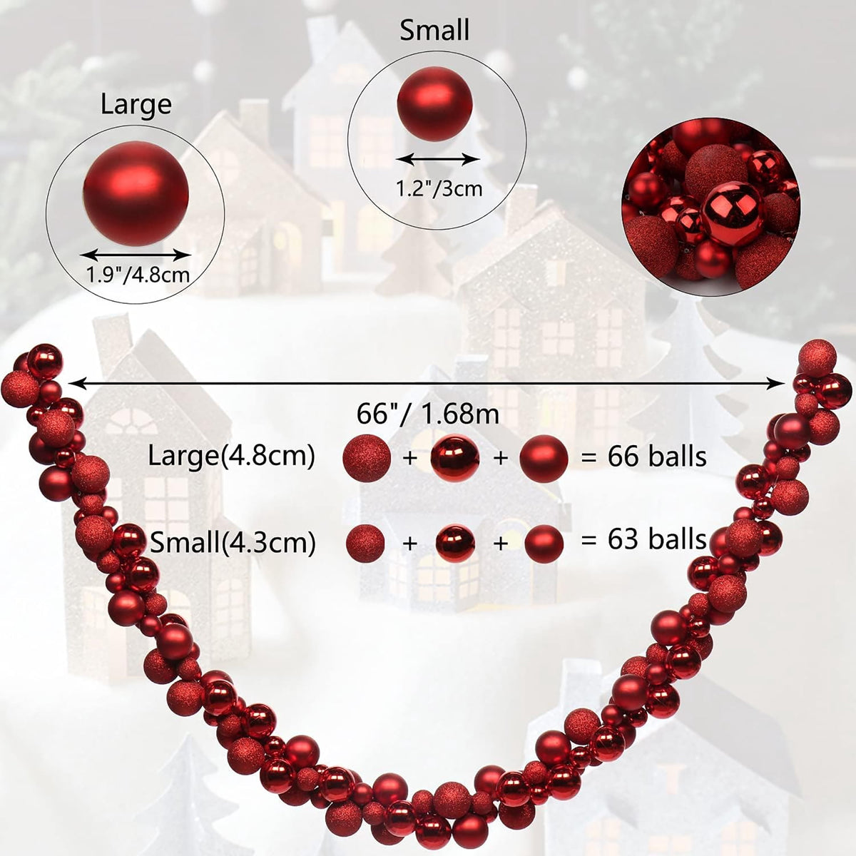 6 Ft Christmas Ball Garland Ornaments Shatterproof Xmas Hanging Balls Holiday Party Wedding Christmas Tree Decor Red