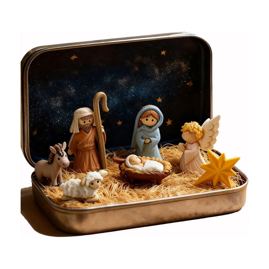 Easter Decorations 2026 - Mini Christmas Nativity Set In Tin Box Jesus Birth Scene Figurines Decoration for Tabletop Party Office Decor & Christian Holiday Gifts(1PCS)