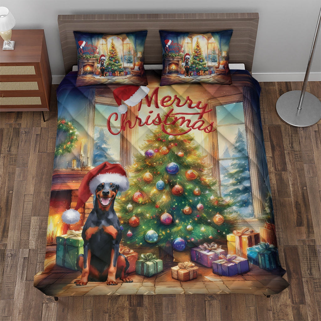 Merry Christmas French Bulldog Santa Hat Xmas Tree Winter Holiday Quilt Bedding Set Dog Lover Gifts 1 Blanket Bed Cover 2 Pillowcases - 01013