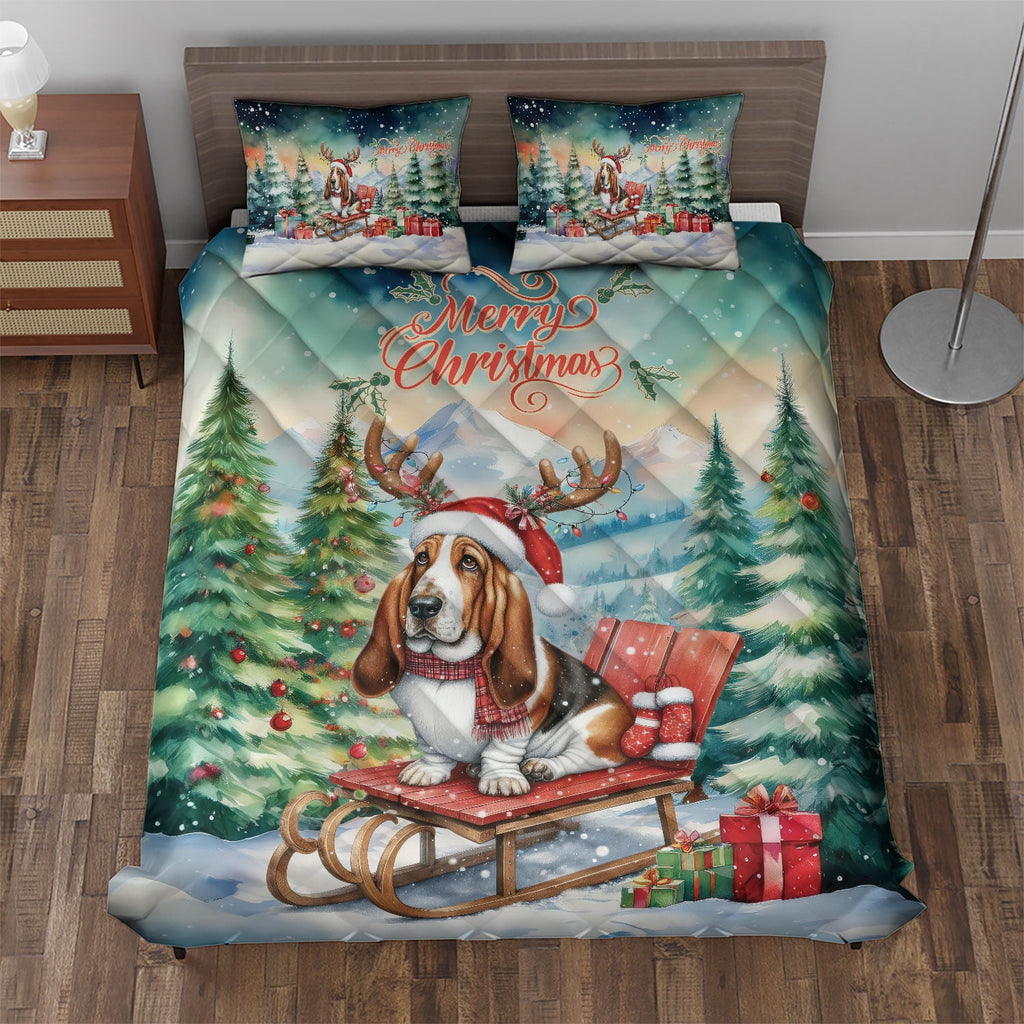 Merry Christmas Santa Reindeer Antlers French Bulldog Sleigh Xmas Winter Holiday Quilt Bedding Set Dog Lover Gifts 1 Blanket Bed Cover 2 Pillowcases - 00023