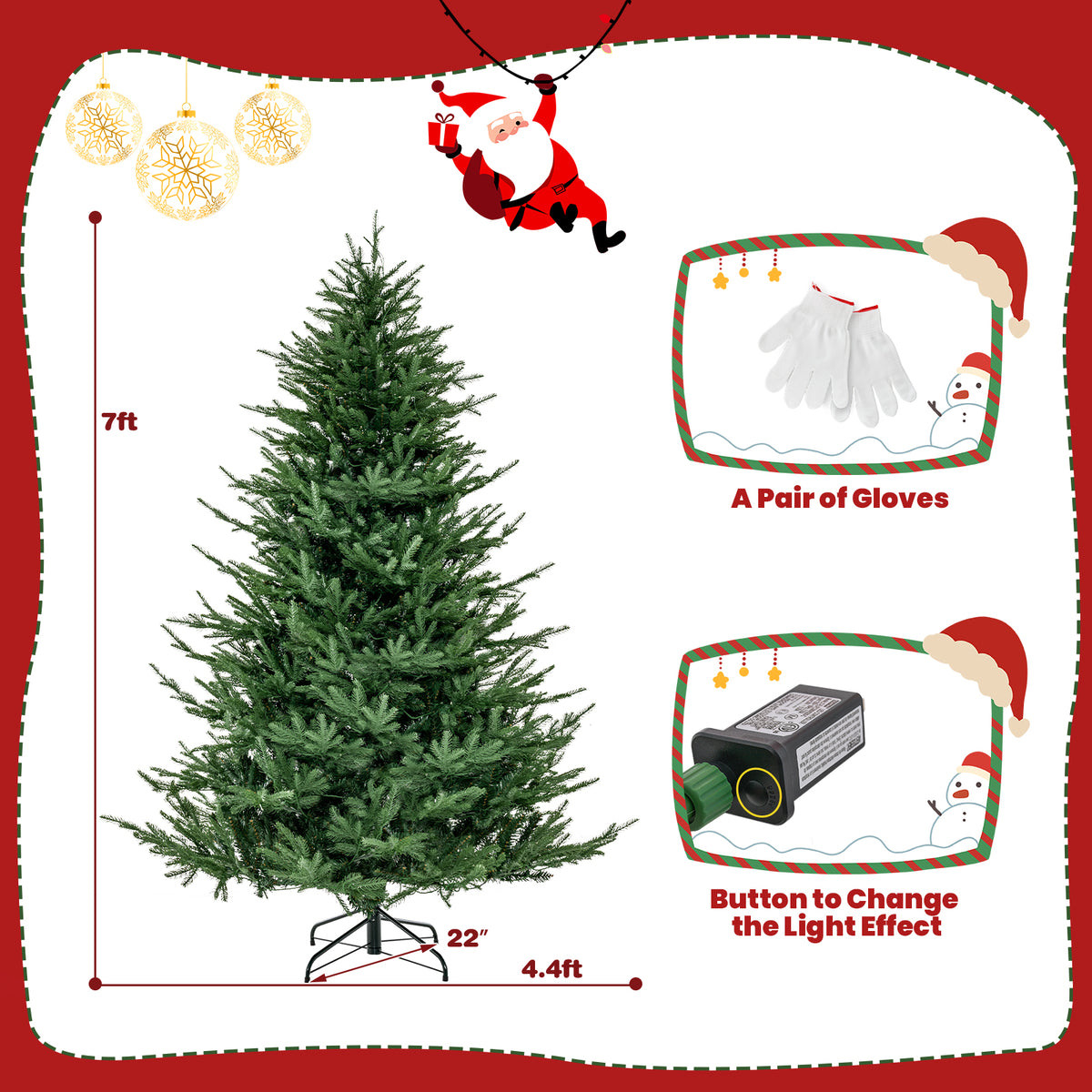 Topbuy 6FT Artificial Christmas Tree Pre-lit Xmas Tree with 280 Warm White LED Lights 8 Lighting Modes 788 PE & PVC Branch Tips