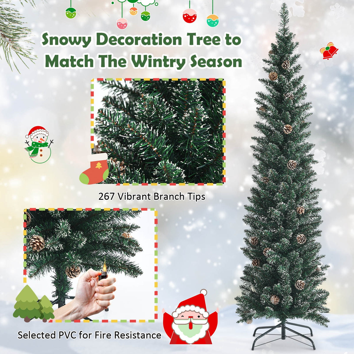 Topbuy 5FT Slim Pencil Tree Snowy Artificial Christmas Tree with 214 PVC Branch Tips & 25 Pine Cones Full Holiday Decoration Tree for Xmas