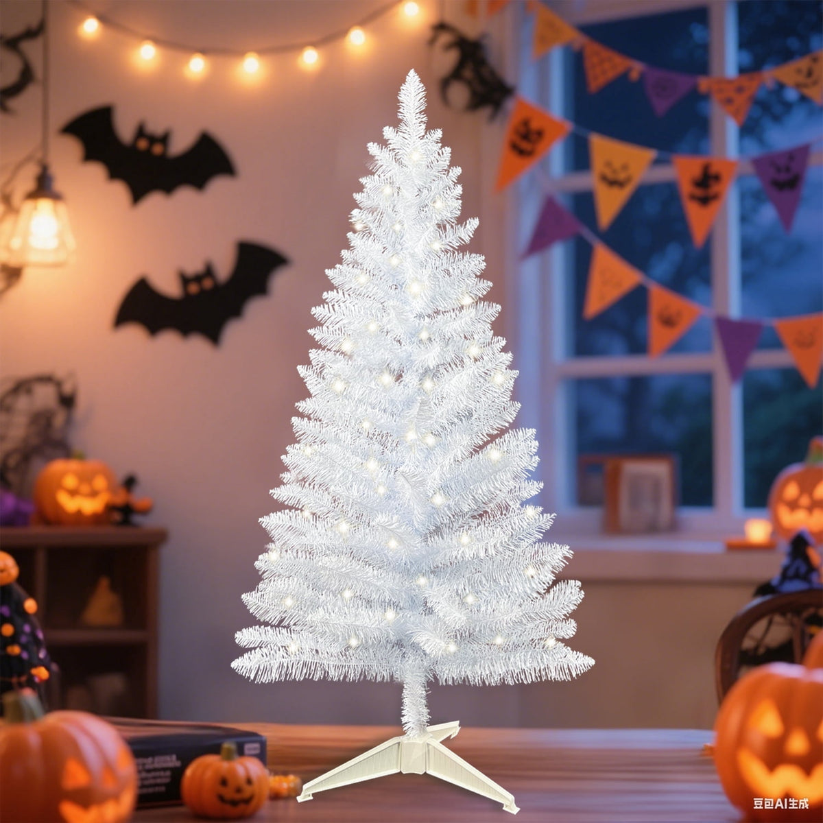 Bringstar 4FT Silver Artificial Christmas Tree with 50 String Lights, Mini Tinsel Tree, Not Pre-Lit, for Halloween & Holiday Home & Office Décor