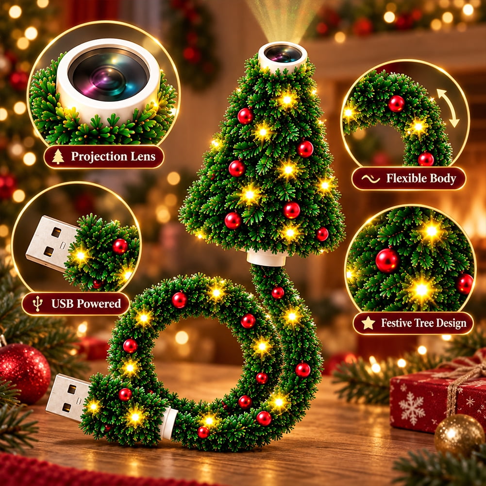 Christmas Projector Light Tree-Shaped, HD Plug Christmas Projector for Wall and Ceiling Decor, USB Indoor Christmas Light for Room, Party and Seasonal Displays