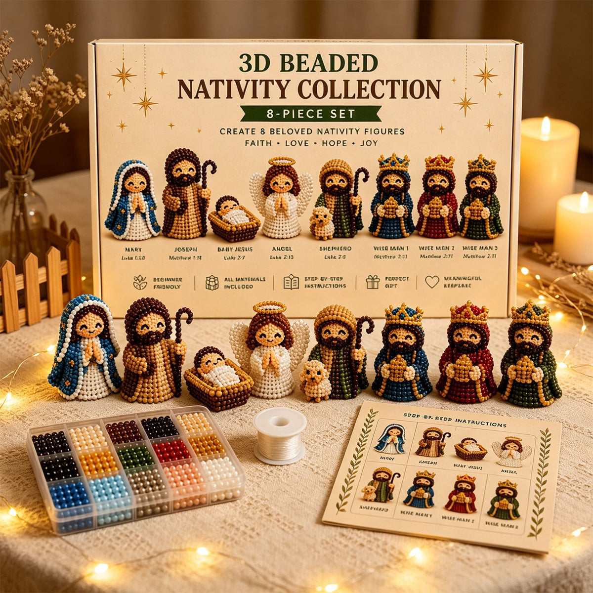 3D Beaded Nativity Scene DIY Kit 8-Piece Unfinished Christmas Faith Craft Set with Full Supplies & Step-by-Step Guide