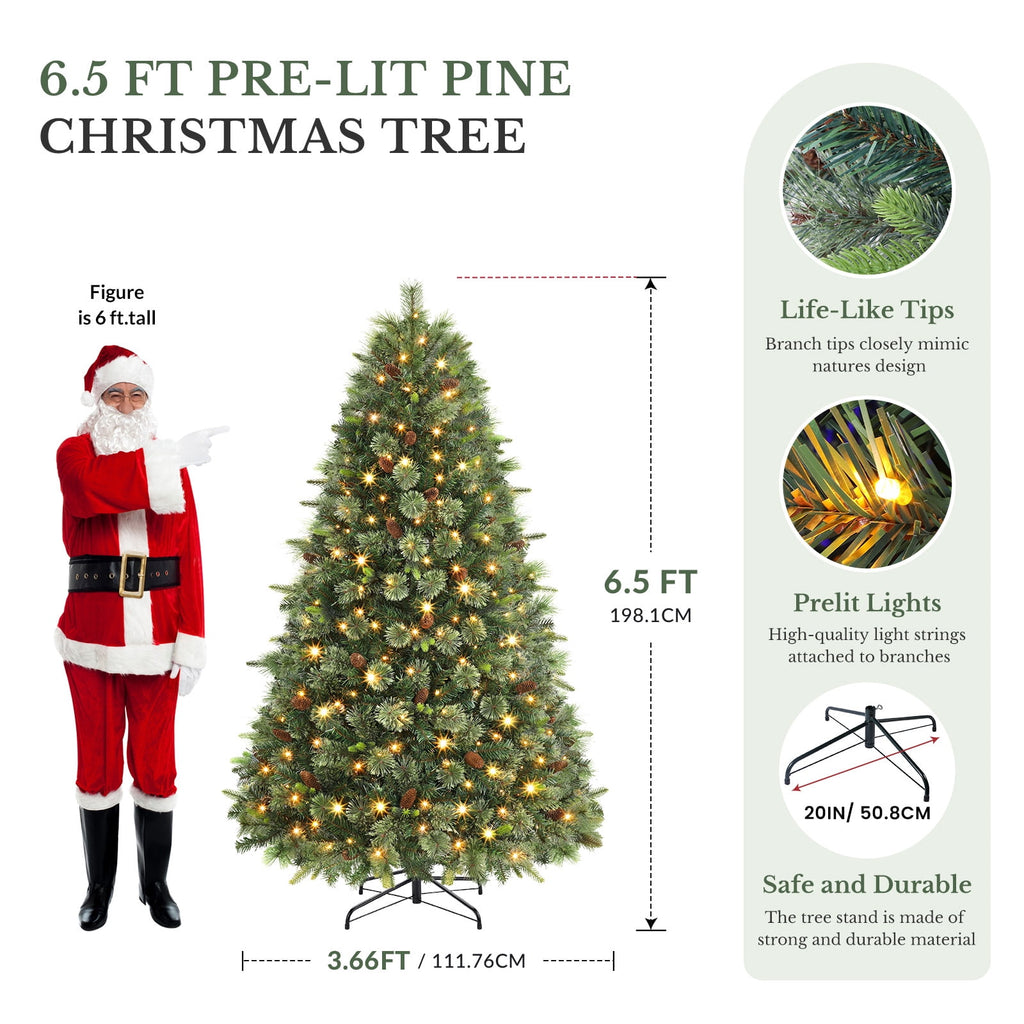 Lolsea 5.5ft Prelit PE Pine Artificial Christmas Tree with Lifelike Needles & Pine Cones, Remote Control, Warm White & Multi‑Color LED Lights