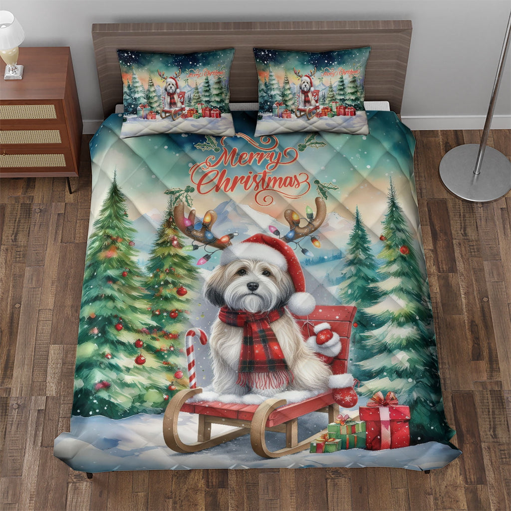 Merry Christmas Santa Reindeer Antlers French Bulldog Sleigh Xmas Winter Holiday Quilt Bedding Set Dog Lover Gifts 1 Blanket Bed Cover 2 Pillowcases - 00023
