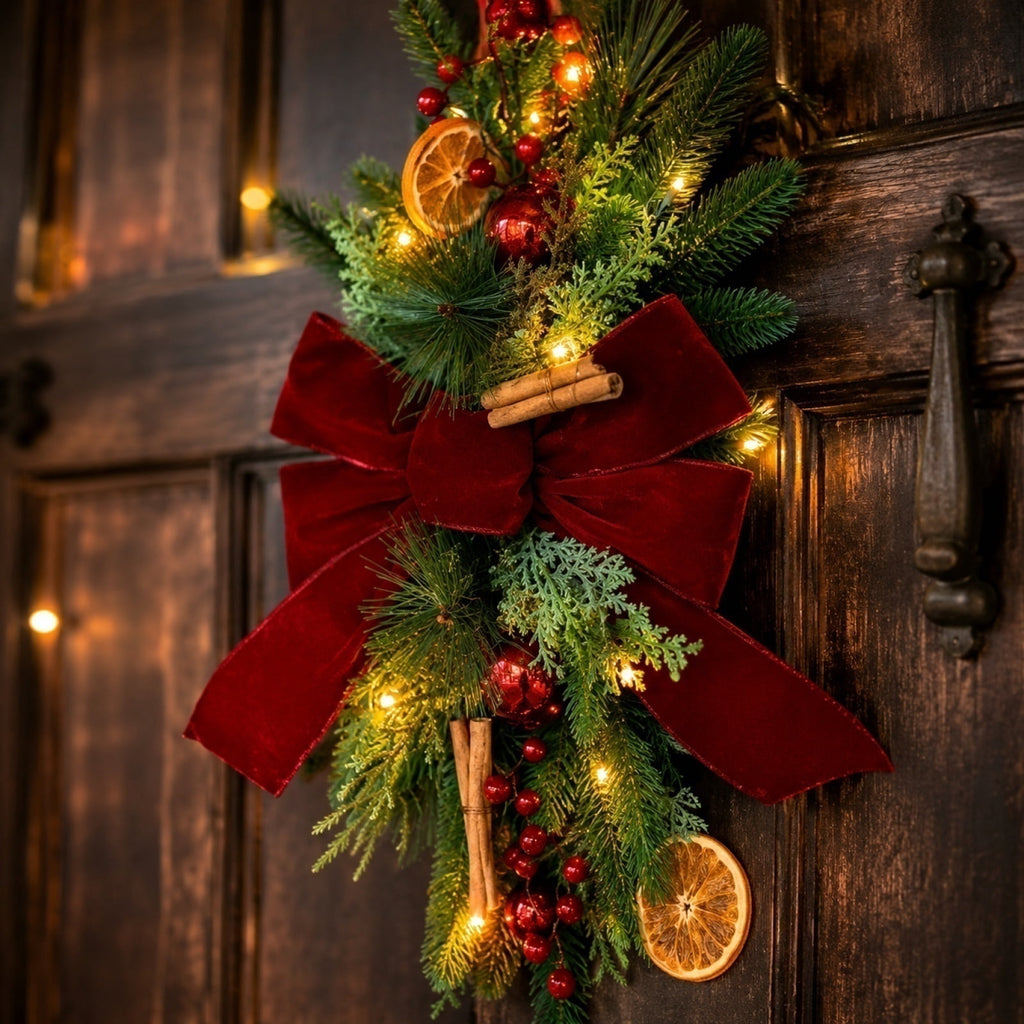 THOPBPRK Artificial Cedar Half Wreath for Front Door Christmas Decorations DIY Holiday with Bow Winter Hanging Ornament for Wall Window Home Decor, 23.6" A