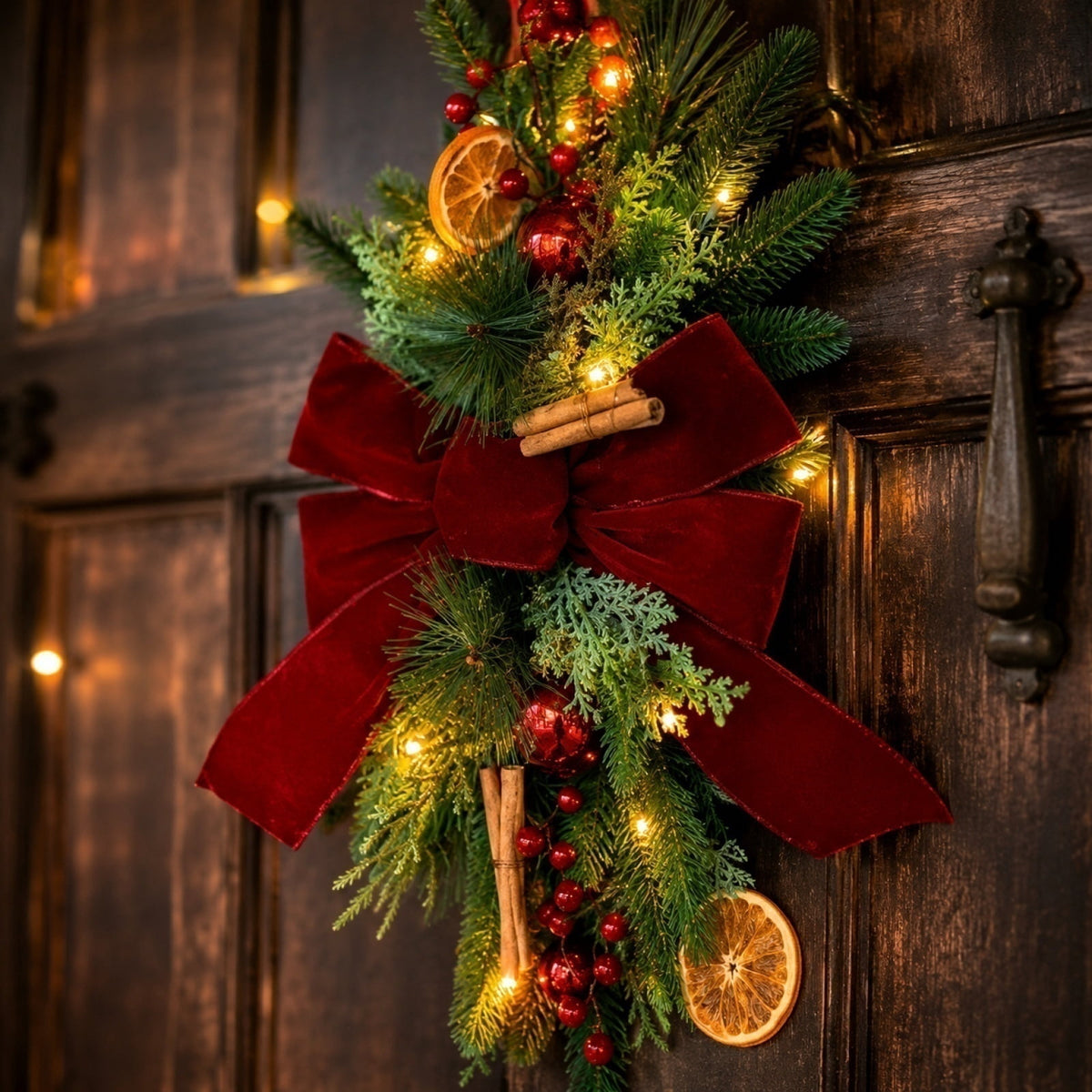 THOPBPRK Artificial Cedar Half Wreath for Front Door Christmas Decorations DIY Holiday with Bow Winter Hanging Ornament for Wall Window Home Decor, 23.6" A