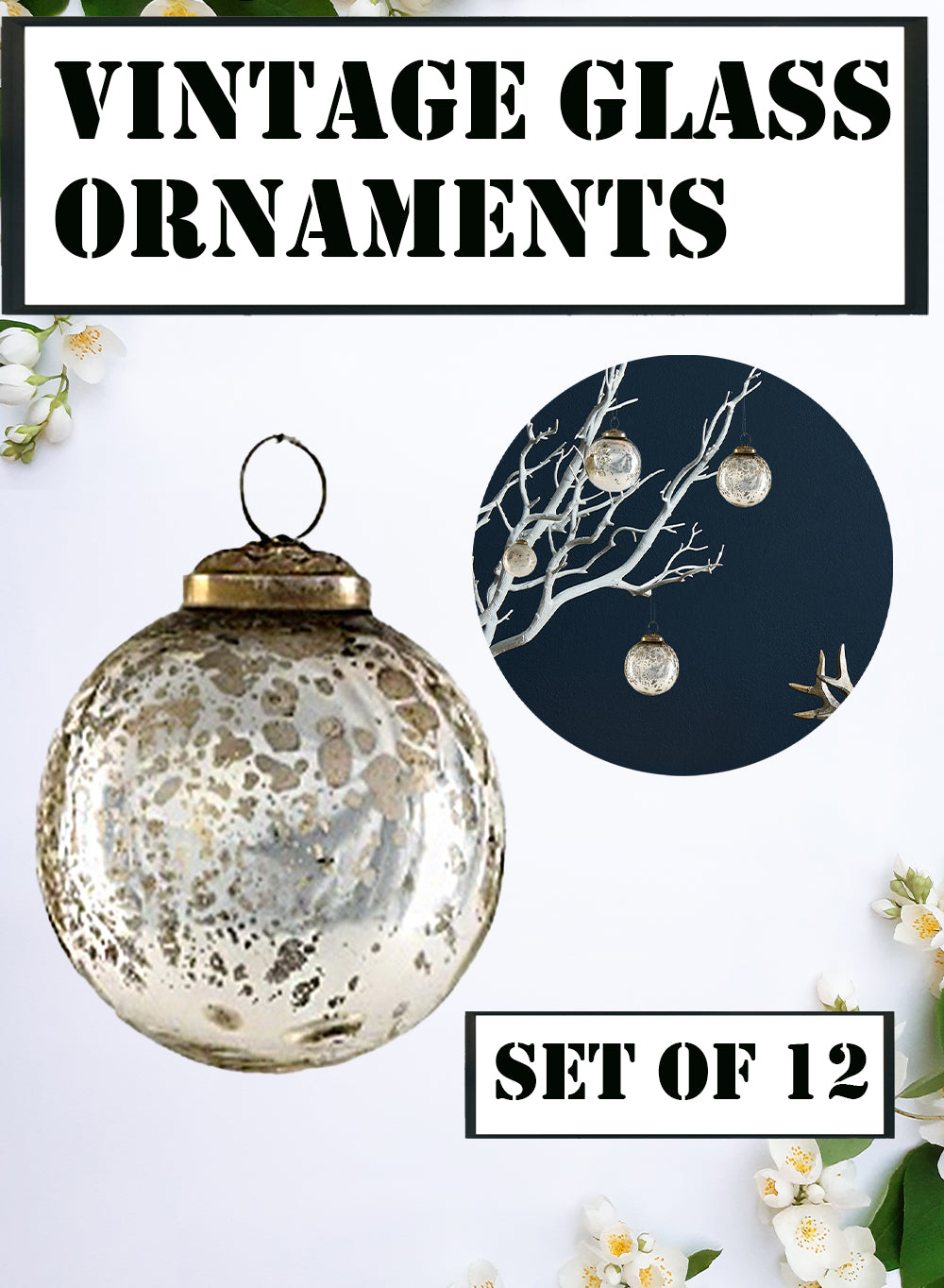 Serene Spaces Living Vintage Style Gold, Blue & Silver Glass Ball Ornaments, Set of 12