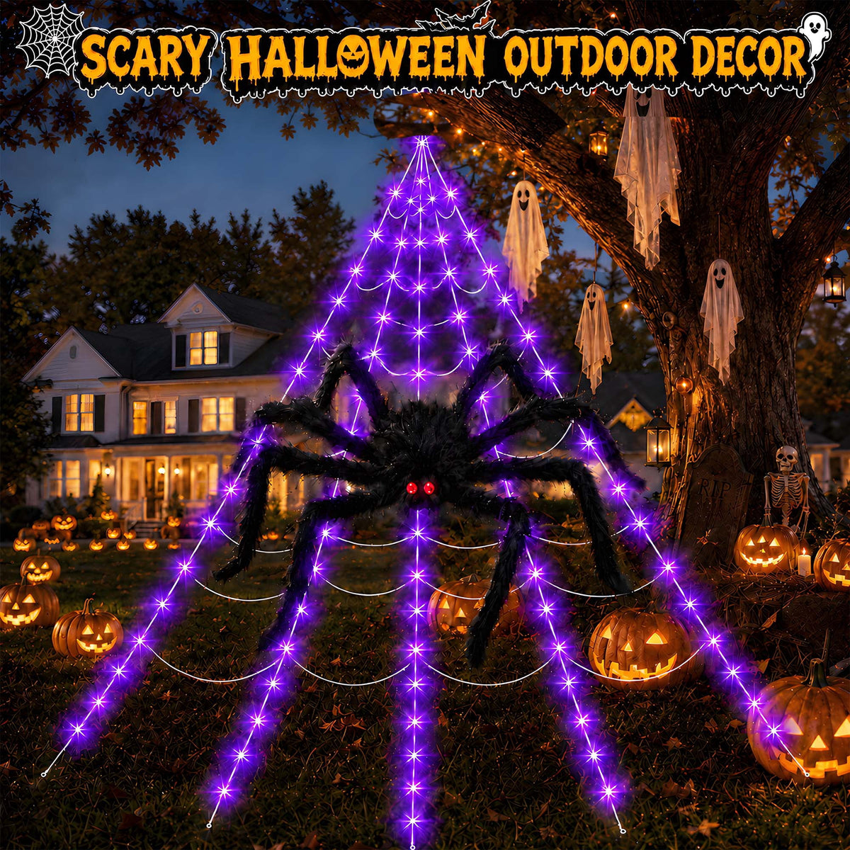 DAYBETTER Halloween Spider Web Lights, 250 LED Holiday Lighting, 15.7x16.4FT Waterproof Web Lights, Remote Control, for Indoor Outdoor Yard Garden Halloween Decor (Purple Light)