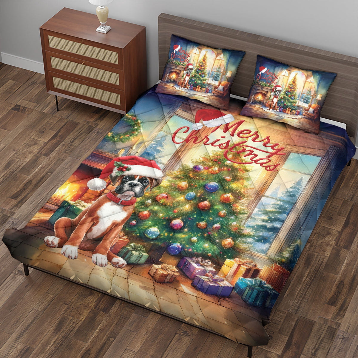 Merry Christmas French Bulldog Santa Hat Xmas Tree Winter Holiday Quilt Bedding Set Dog Lover Gifts 1 Blanket Bed Cover 2 Pillowcases - 01013