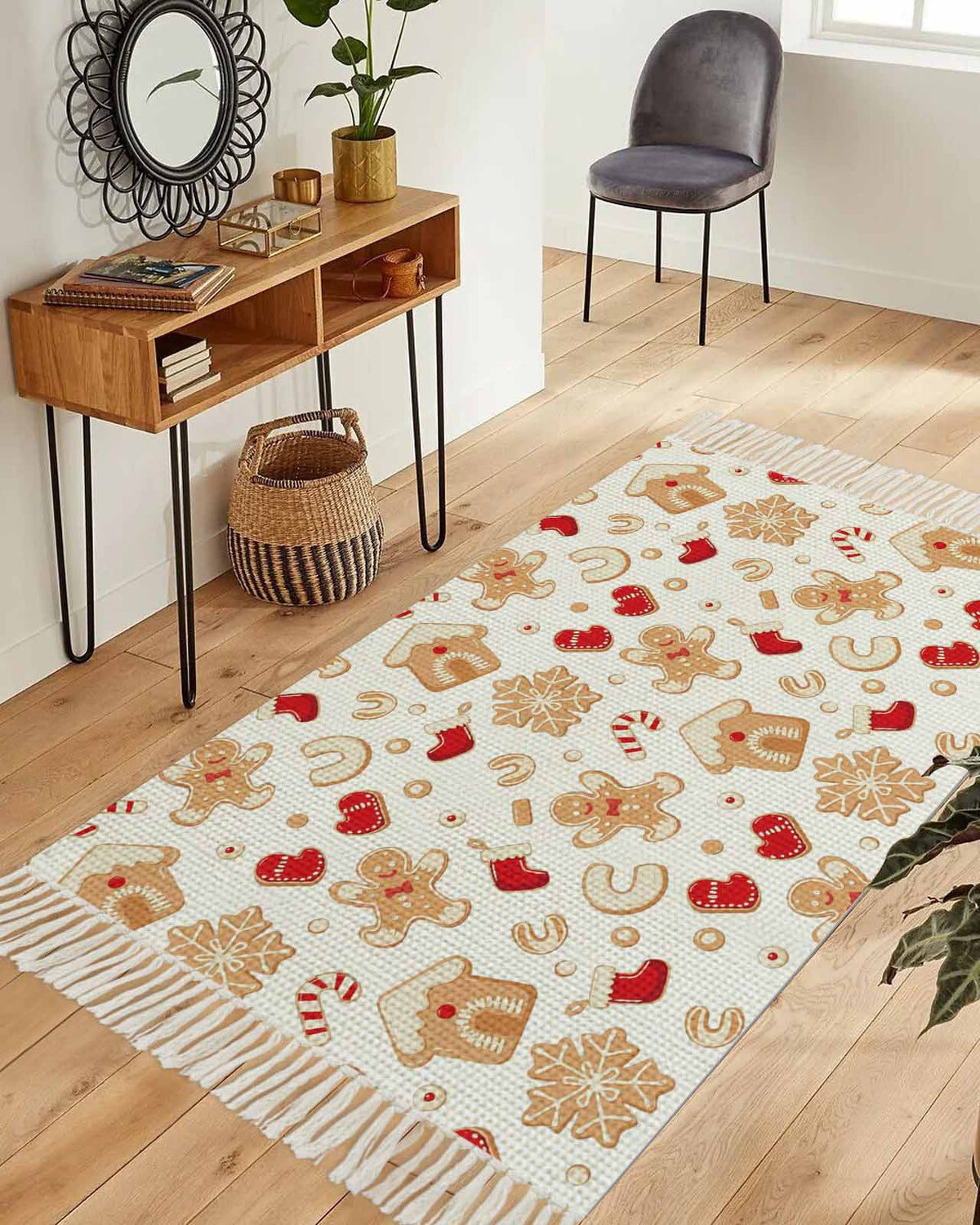 Christmas Area Rug 3x5ft Woven Runner Rug,Gingerbread Merry Xmas Snowflakes Holiday Washable Living Room Hallway Bedroom Kitchen Carpet with Tassels,Indoor Outdoor Throw Door Mat for Entryway