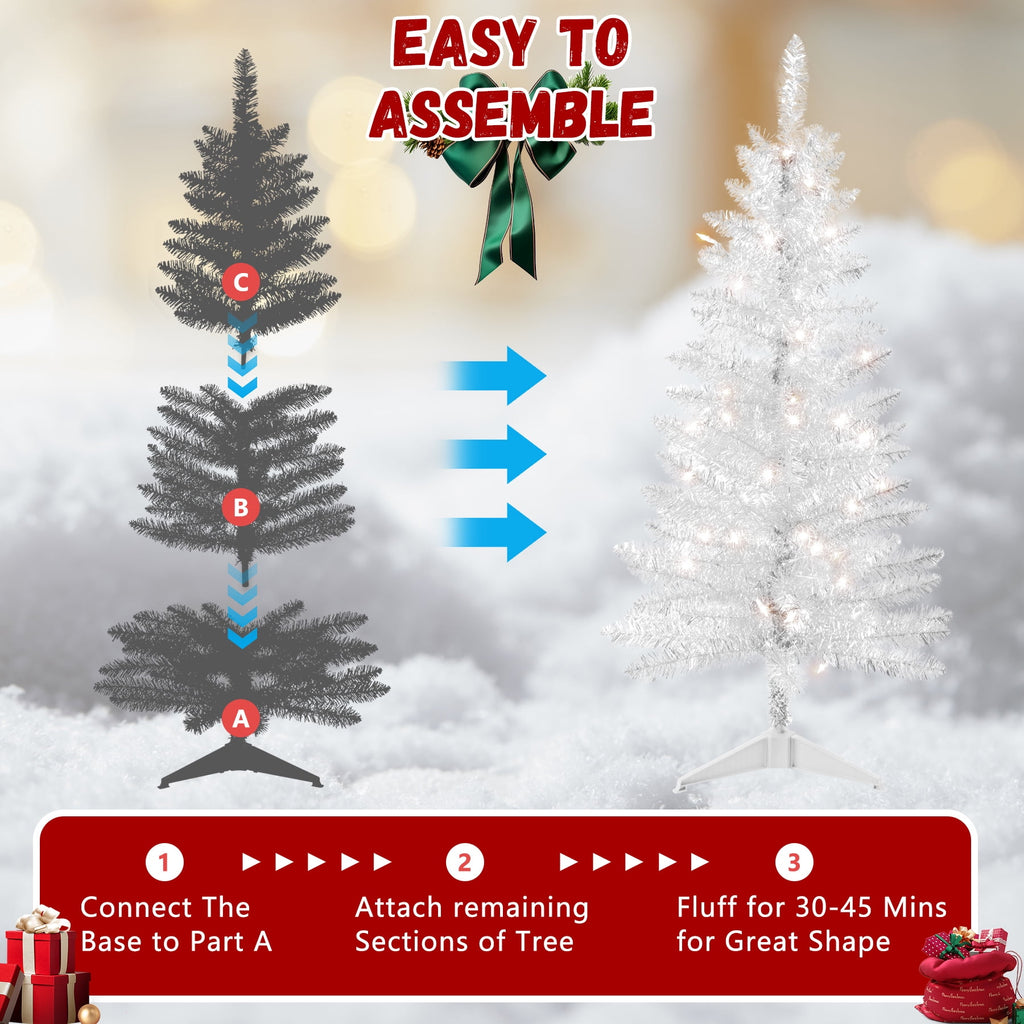 Bringstar 4FT Silver Artificial Christmas Tree with 50 String Lights, Mini Tinsel Tree, Not Pre-Lit, for Halloween & Holiday Home & Office Décor