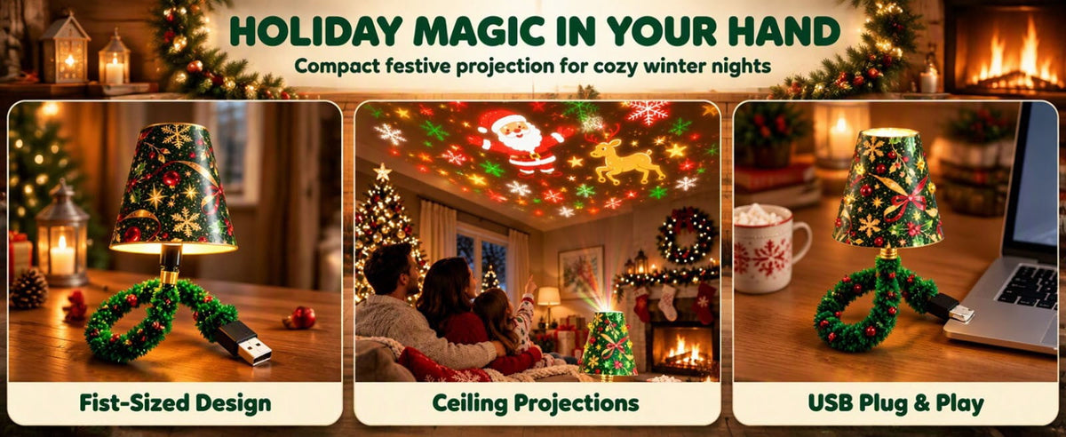 Magical Christmas Projection Night Light, USB Powered Holiday Projector with Festive Wall and Ceiling Effects for Bedroom, Living Room and Christmas Party Ambiance