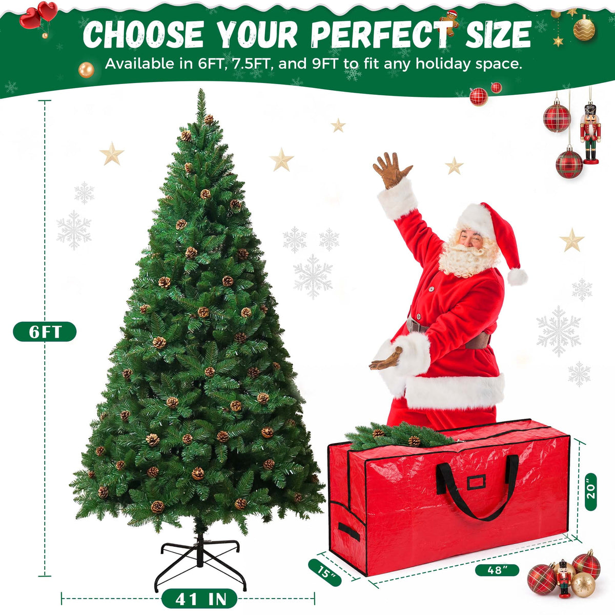 Yexmas 6FT Pre-Lit Green Christmas Tree with Pinecones, Artificial Xmas Tree with Large Storage Bag for Indoor Christmas Decorations