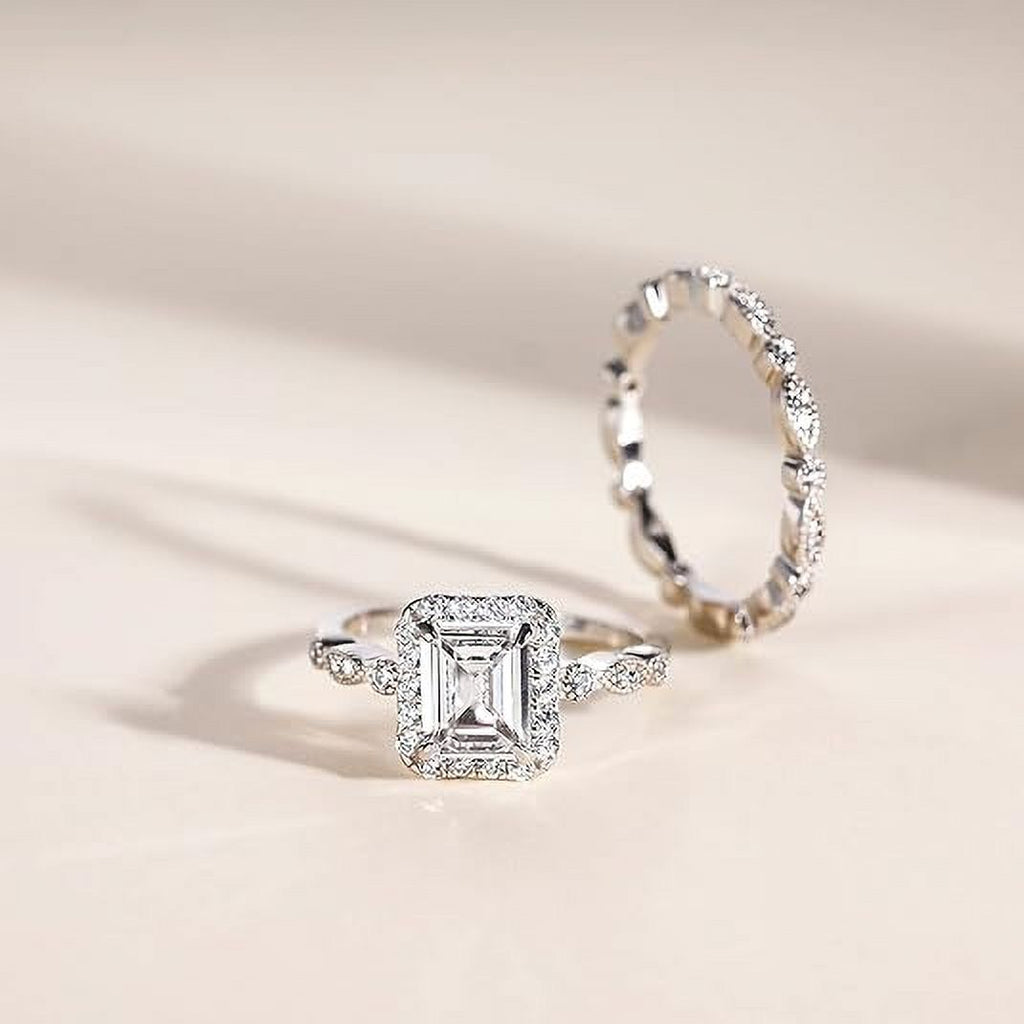 Divine Creation 2.40 Ct Emerald Cut White Diamond Engagement Wedding Thanksgiving Christmas Bridal Ring Set 14K White Gold Plated 925 Sterling Silver For Women's -4.5