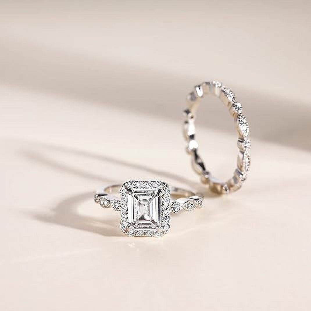 Divine Creation 2.40 Ct Emerald Cut White Diamond Engagement Wedding Thanksgiving Christmas Bridal Ring Set 14K White Gold Plated 925 Sterling Silver For Women's -4.5