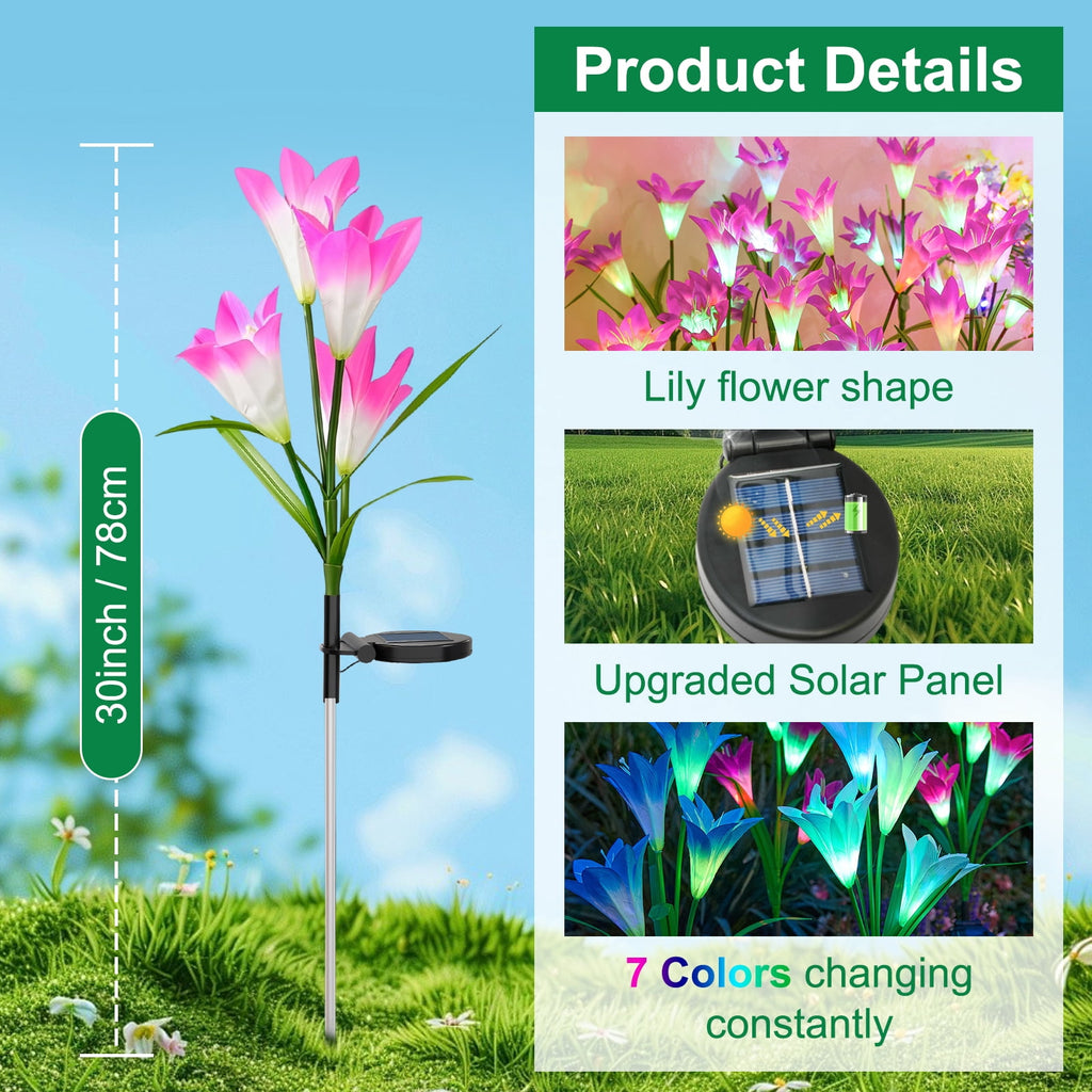 Solar Garden Lights Outdoor Decor, Lily Flower Garden Stake Lights Waterproof, 4 PCS LED Solar Lights Solar Powered for Outside Patio Garden Pathway Yard Decoration, Color Changing