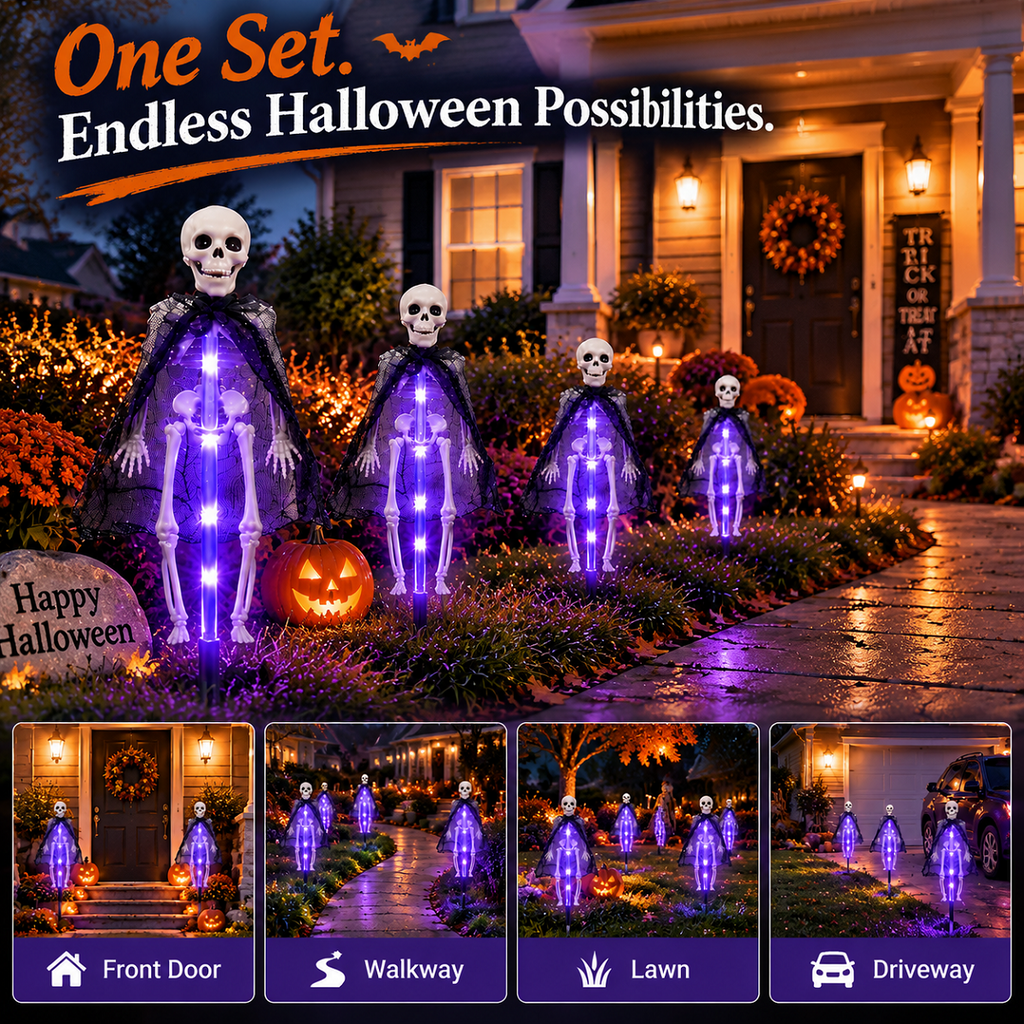 4 Pack Solar Halloween Skeleton Lights , 8 Modes Purple LED Skull Pathway Stakes, Outdoor Yard Decorations for Front Porch Lawn Garden, Waterproof Halloween Decor