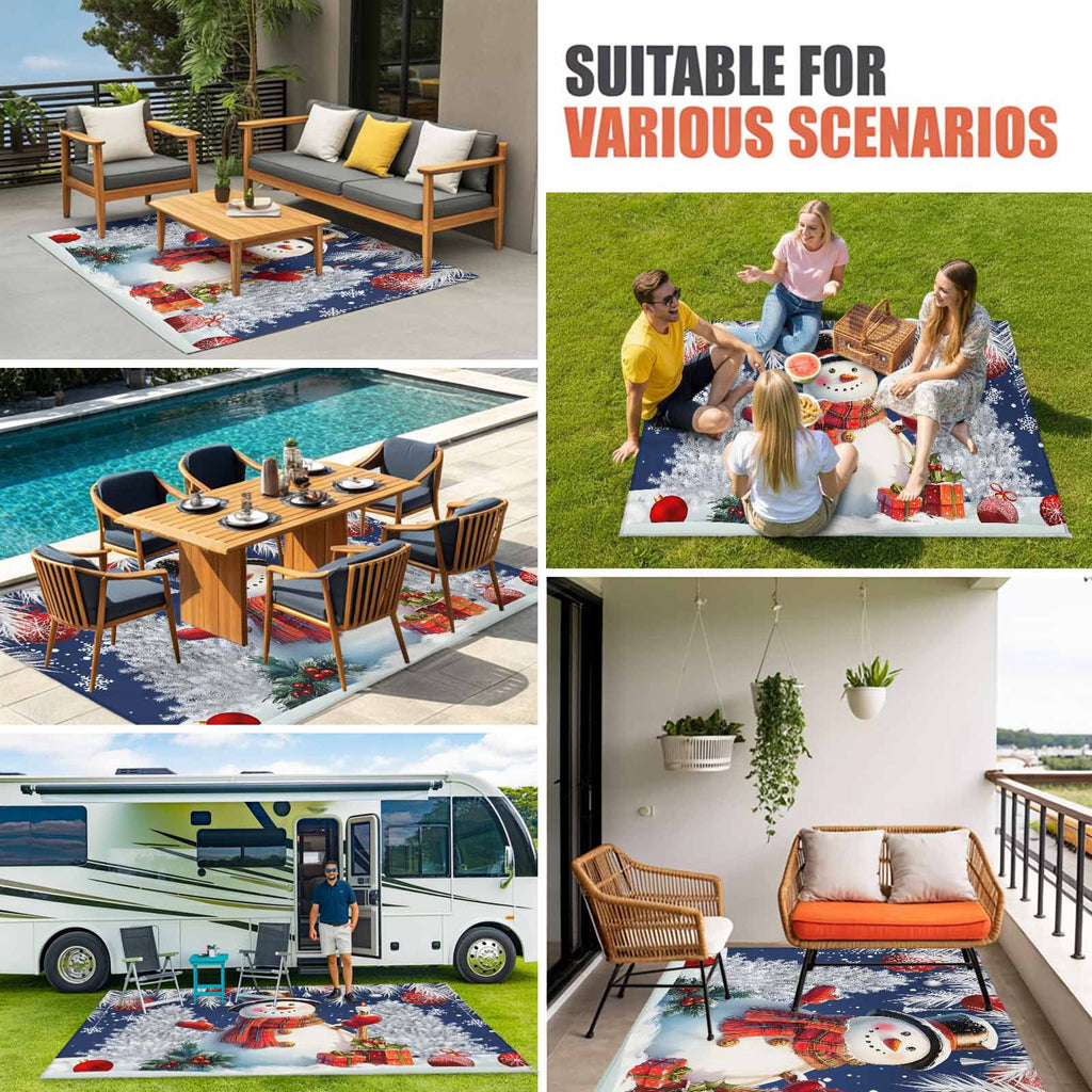 Grey Snowman Christmas Outdoor Rug for Patio/Deck/Porch, Non-Slip Large Area Rug 4 x 6 Ft, Xmas Tree Red Balls Snowflake Indoor Outdoor Rugs Washable Area Rugs, Reversible Camping Rug Carpet Runner