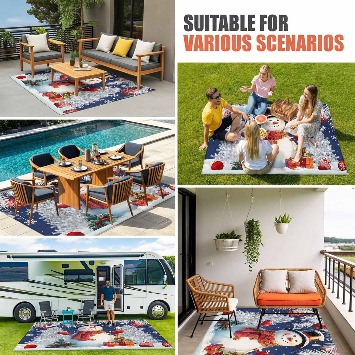 Grey Snowman Christmas Outdoor Rug for Patio/Deck/Porch, Non-Slip Large Area Rug 4 x 6 Ft, Xmas Tree Red Balls Snowflake Indoor Outdoor Rugs Washable Area Rugs, Reversible Camping Rug Carpet Runner