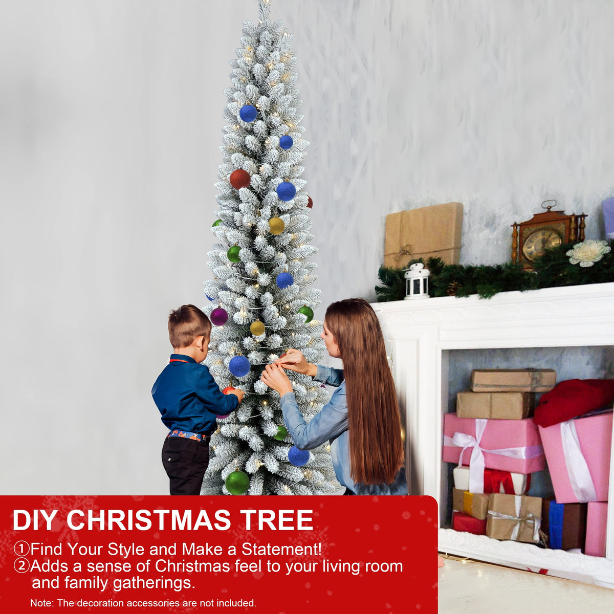Bringstar 6FT Pre-Lit Pencil Christmas Tree,Green Artificial Xmas Trees, 150 LED Warm White Lights