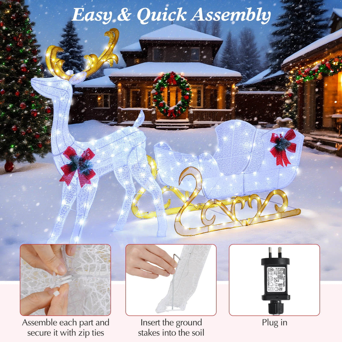 Costway 6 FT Christmas Lighted Reindeer & Santa's Sleigh W/ 215 LED Lights & 4 Stakes Gold