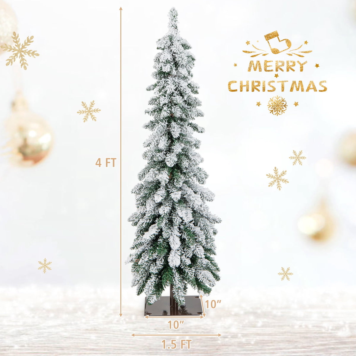 Topbuy 4FT Pre-lit Artificial Christmas Tree Snow-flocked Xmas Pencil Tree with 225 Branch Tips 100 LED Lights 2 Lighting Colors