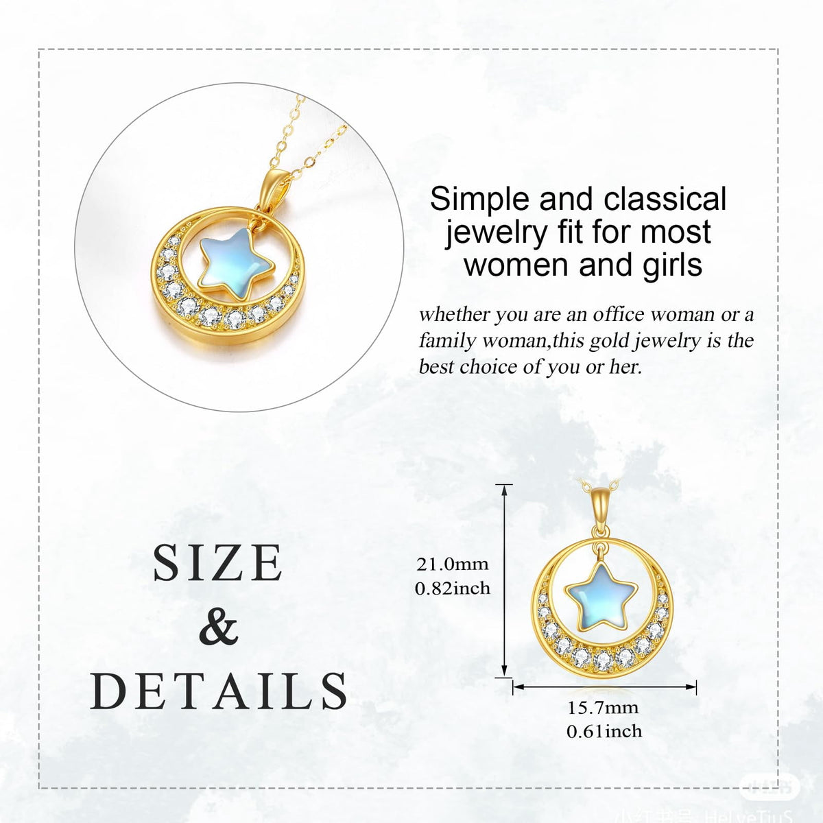 10K Gold Star Necklace for Women Real Gold Crescent Moon and Star Moonstone Pendant Necklace Jewelry Christmas Gifts Wife Daughter Girlfriend Mother